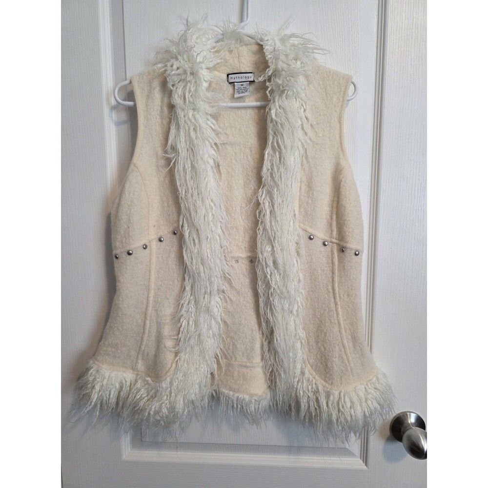 Mythology Vintage 100% Wool Faux Fur  Studded Open Collared Vest Ivory Women’s M